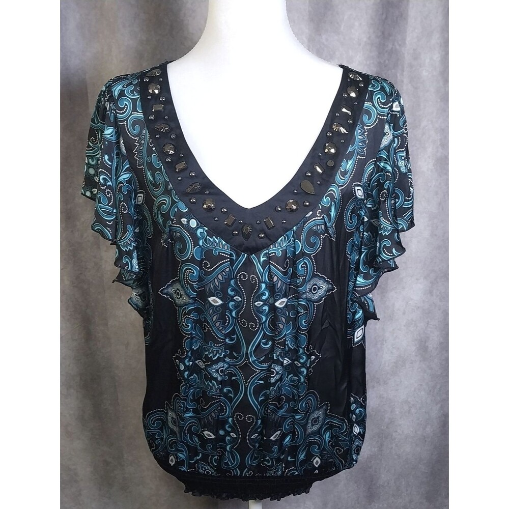 HeartSoul Womens Paisley Embellished V Neck Blouse Black & Teal Blue Smocked Top